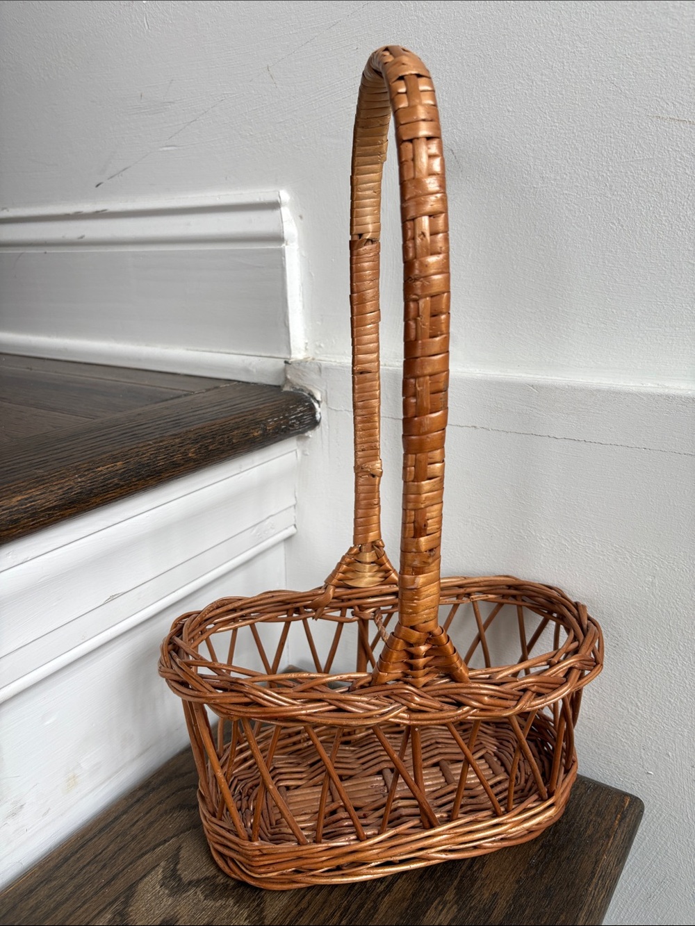 Wine carrier rattan basket, divided interior, handle, open weave, 15” tall